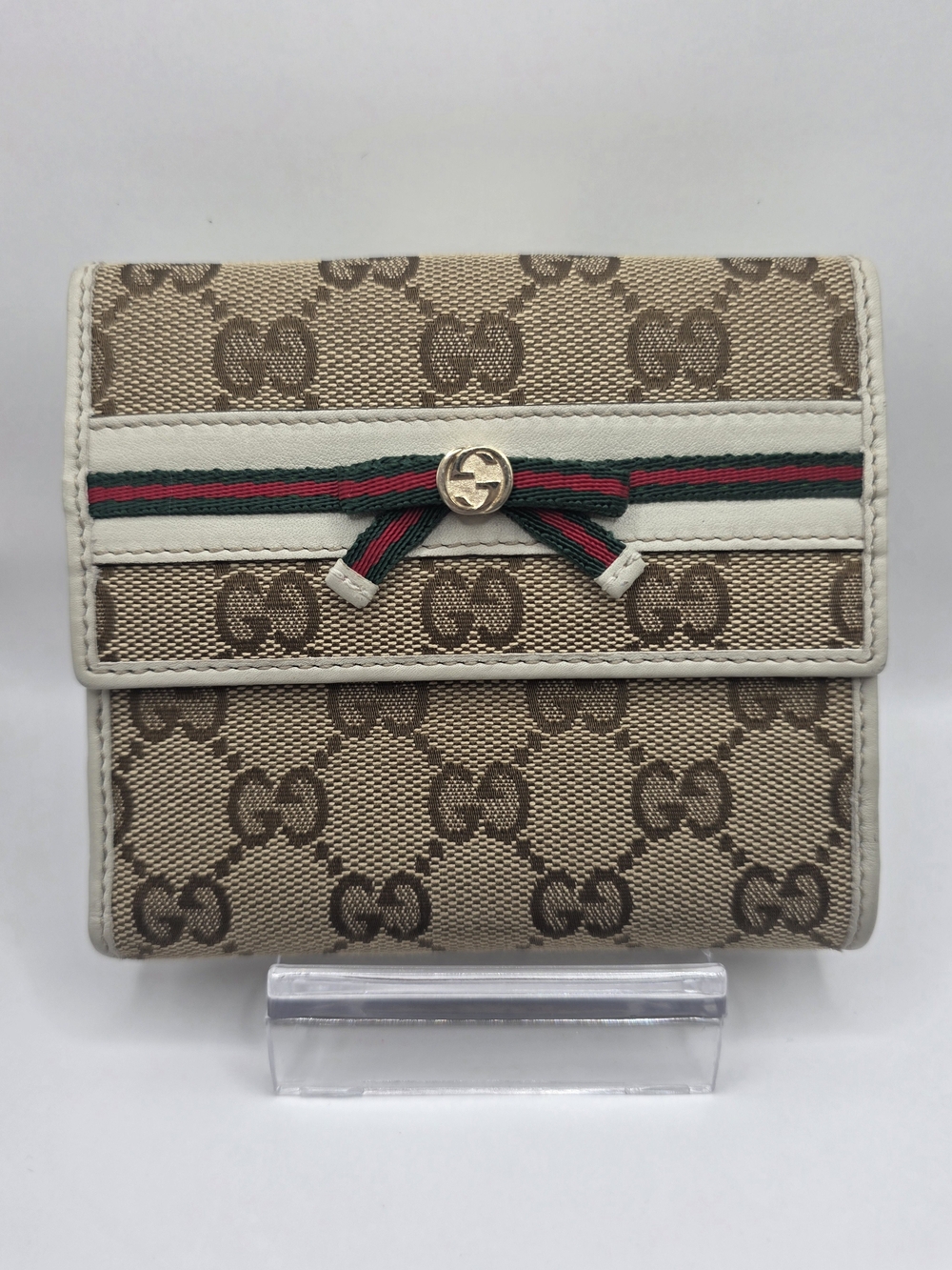 Gucci Beige GG Canvas Wallet with White Trim and Green-Red Web Bow